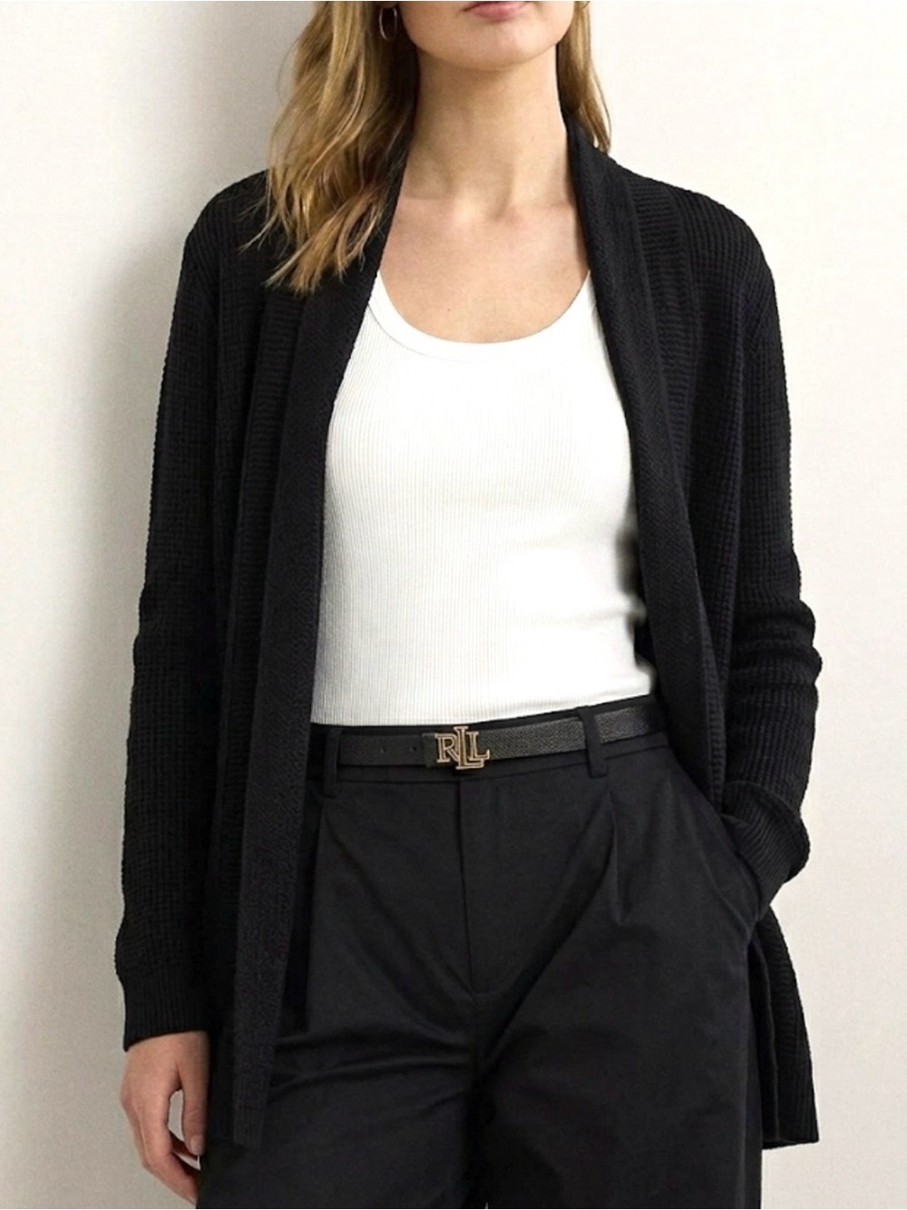 RALPH LAUREN LINEN CARDIGAN L BLACK POINTELLE OPEN BELL SLEEVE QUIET LUXURY $165
